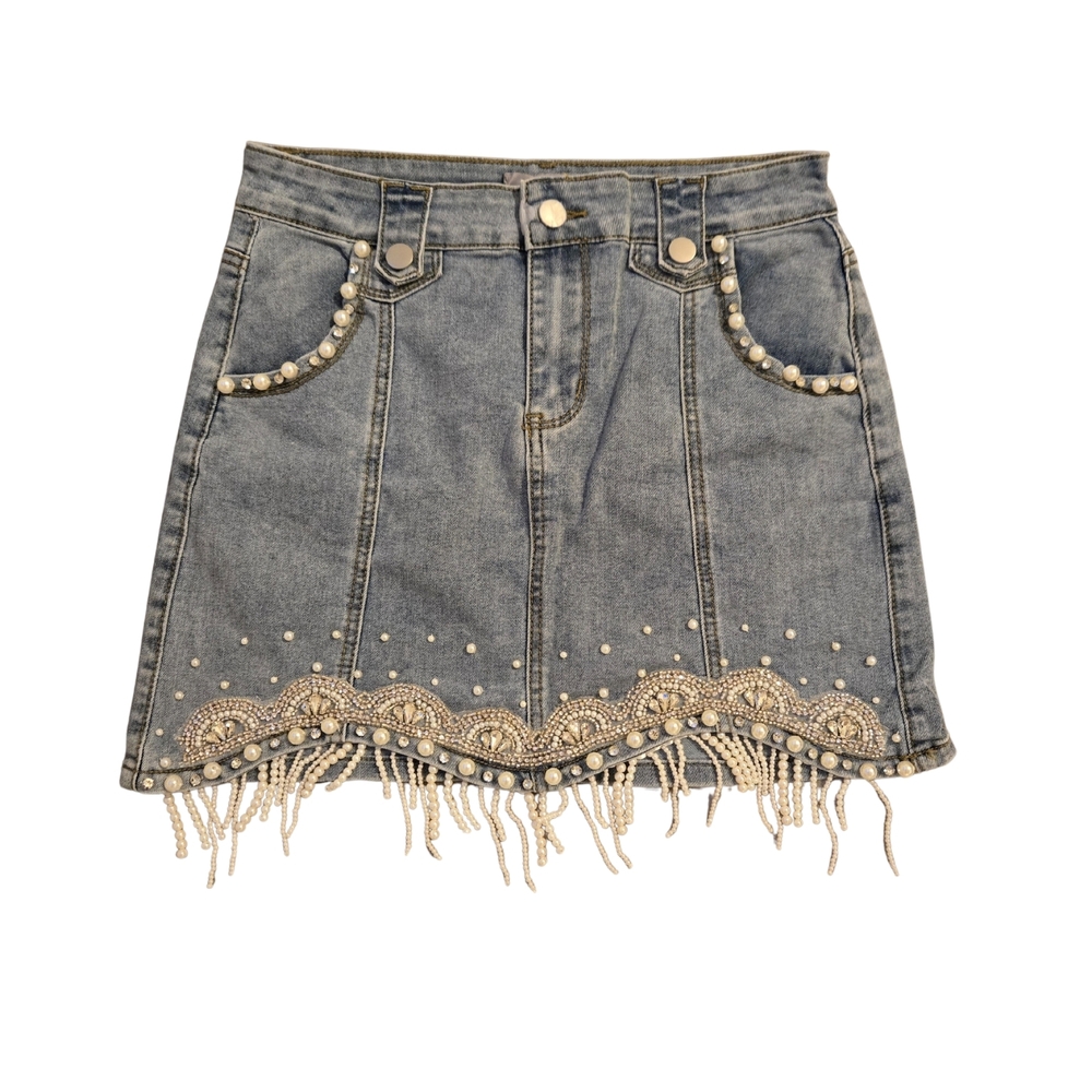 Pearl-Embellished Denim Mini Skirt